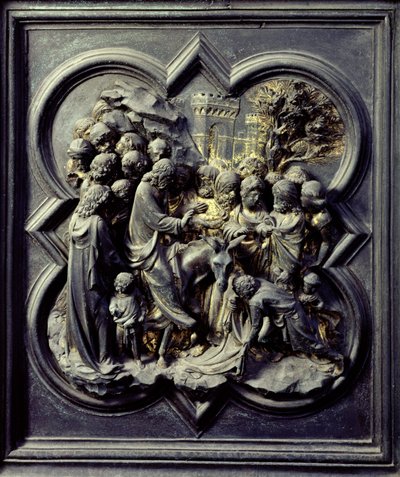 Intocht van Jezus in Jeruzalem, elfde paneel van de Noorddeuren van het Baptisterium van San Giovanni, 1403-24 door Lorenzo Ghiberti